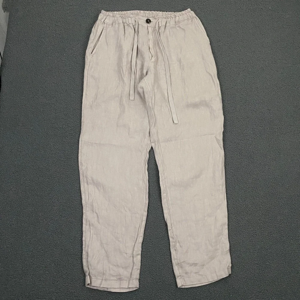 Crossley 100% Linen Pants Mens Large Beige Elastic Waist Drawstring Resort Italy